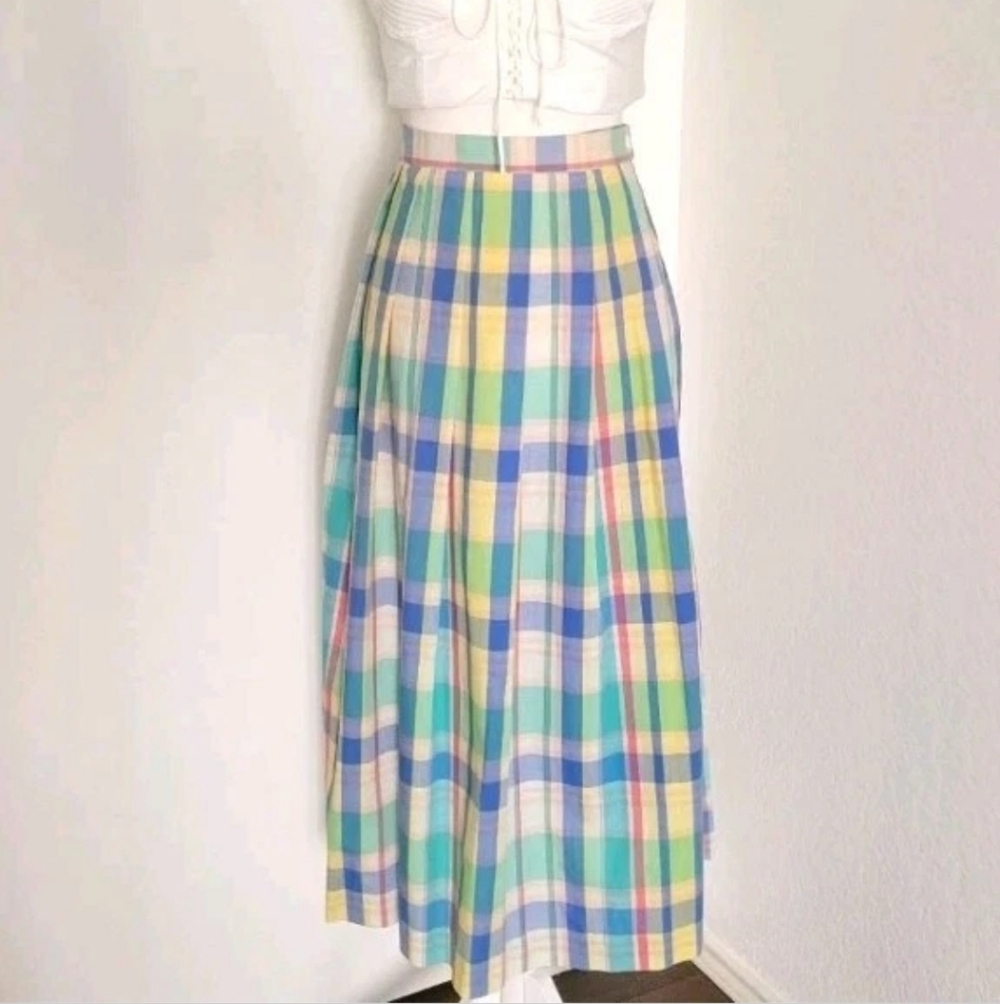 Koret Vintage 80s 1980s Madras Plaid Pleated Cotton Skirt Pastel 28 Waist